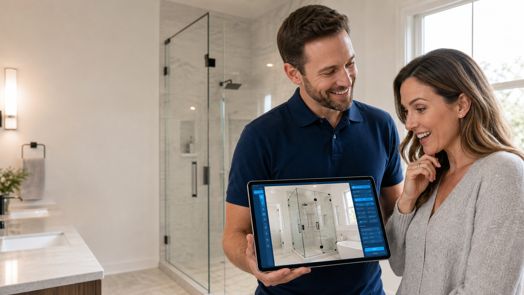 Glass contractor showing a realistic shower concept to a homeowner on a tablet